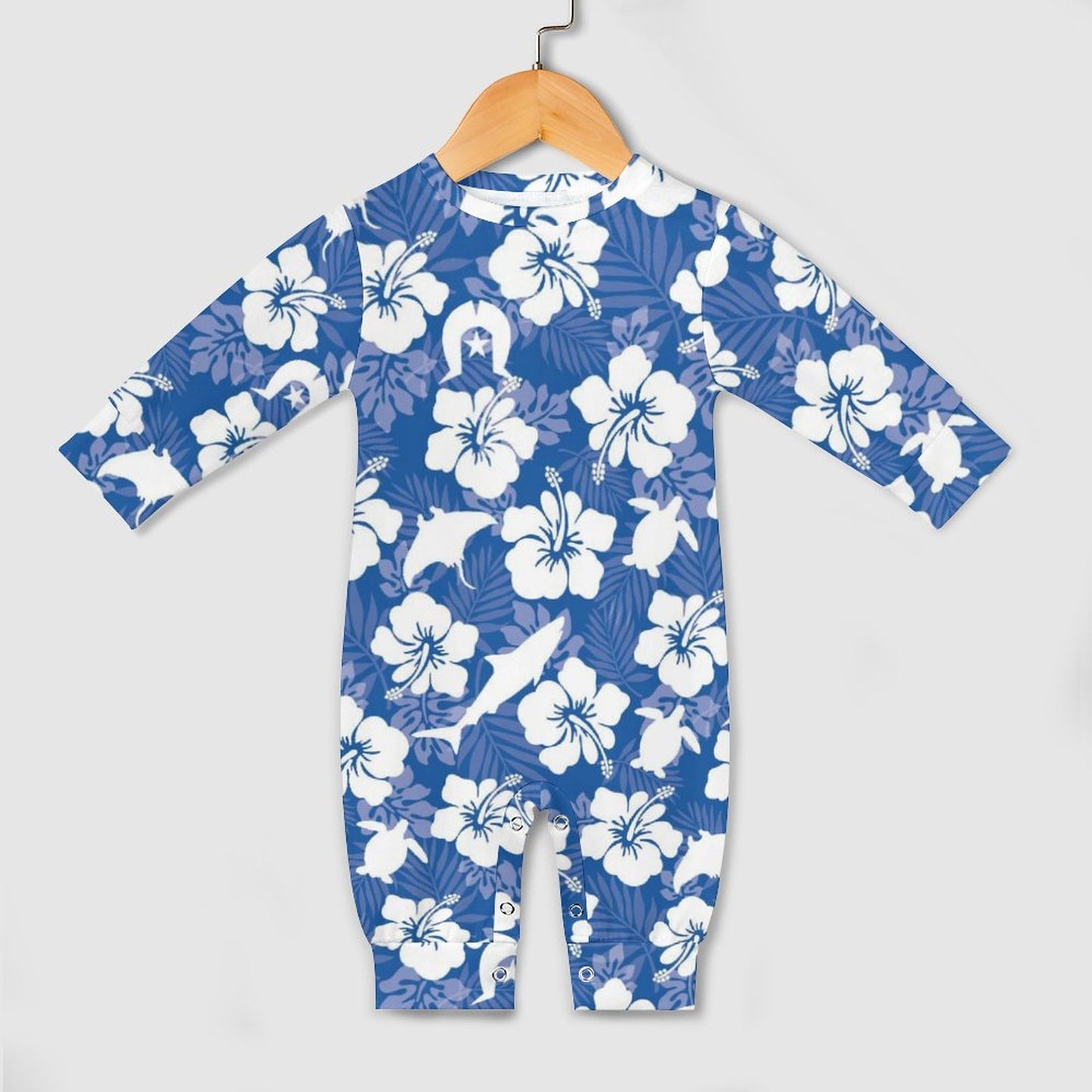White hibiscus flowers with Dhari, Shark, turtle, and stingray on Baby Romper