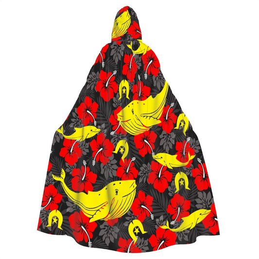 Royal Red Hibiscus with Yellow Dhari, Whale and Dolphin on Hooded Cloak
