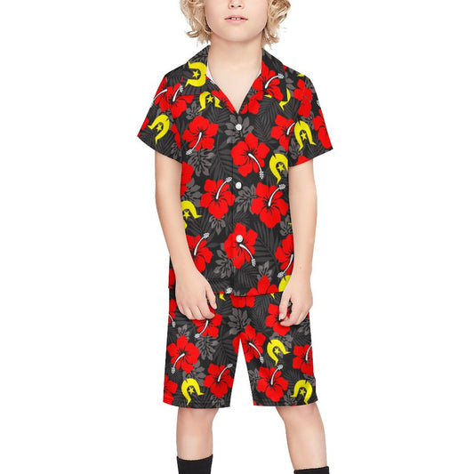 Royal Red Hibiscus with Yellow Dhari on Youth's/Kid's Casual Beach Outfit