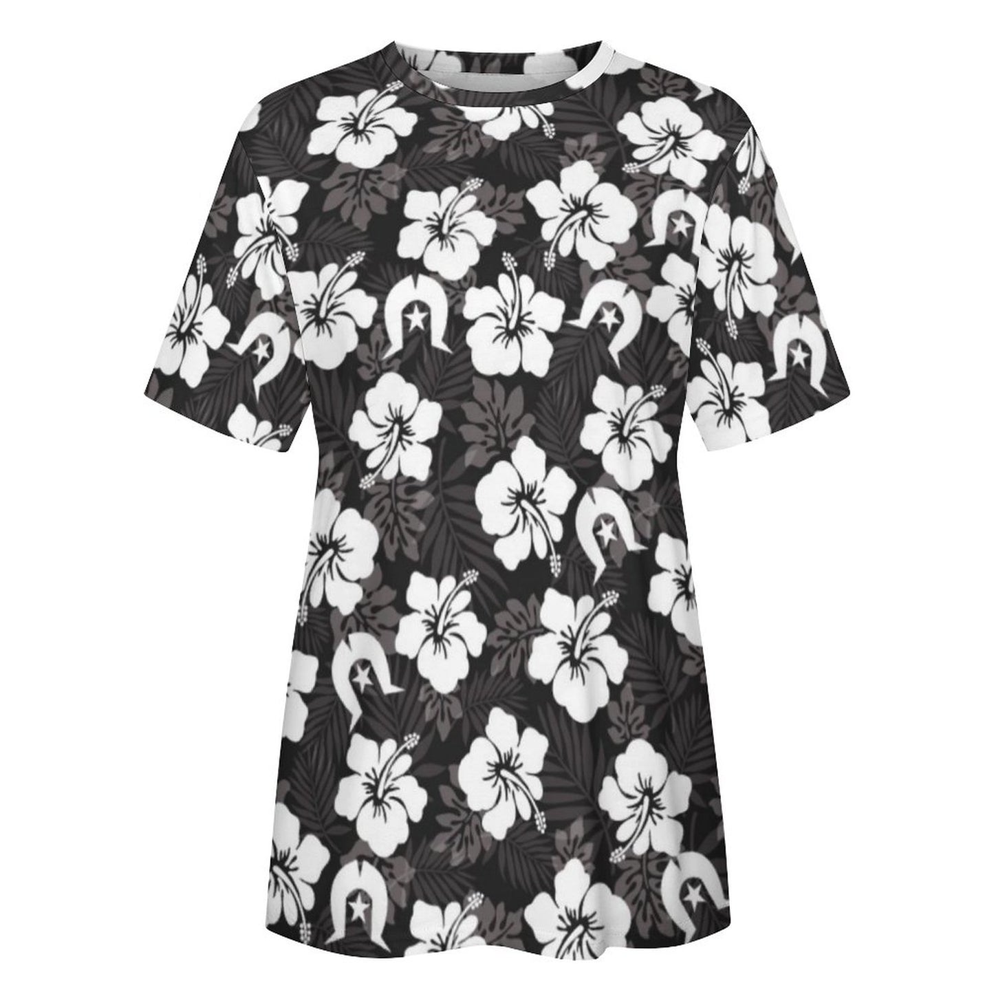 White Hibiscus and Dhari (Black) on Cotton Summer Short Sleeve T-Shirts for Women