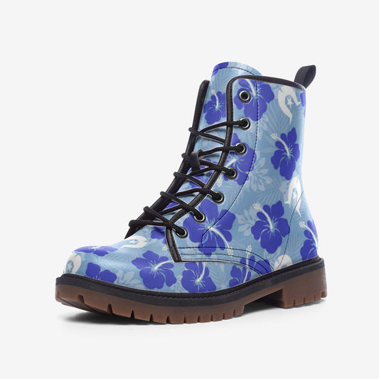 Hibiscus flowers with White Dhari (Sky blue) on Casual Leather Lightweight Boots