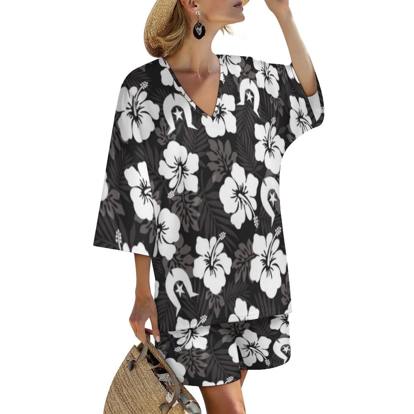 White Hibiscus and Dhari (Black) on Mediterranean Style V-Neck Suit