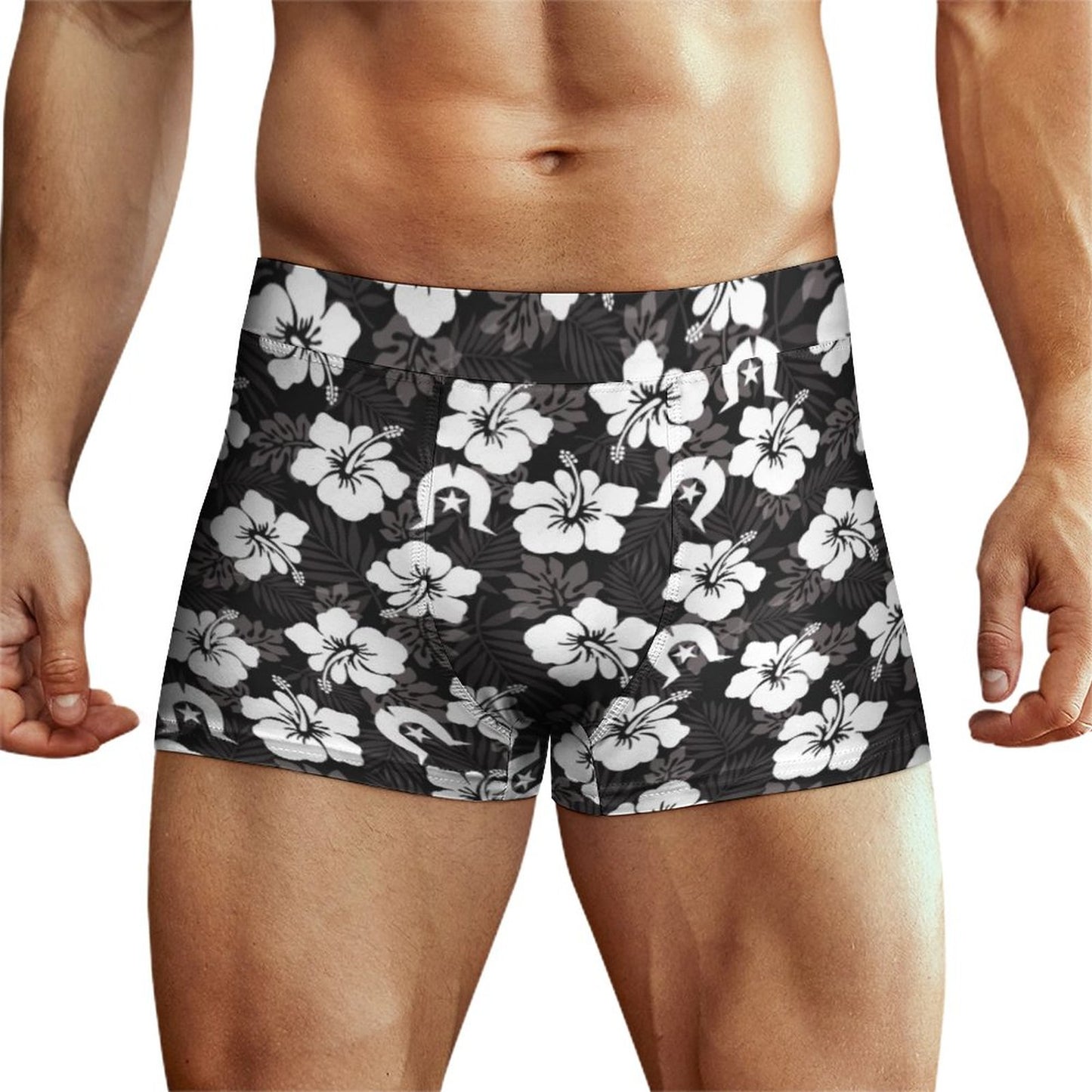 White Hibiscus and Dhari (Black) on Milk Fiber Boxer Shorts for Men