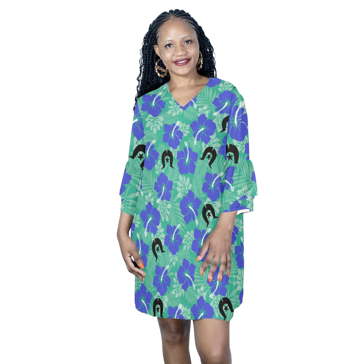 Royal Blue Hibiscus flowers with Black Dhari on Half Sleeves V-Neck Mini Dress