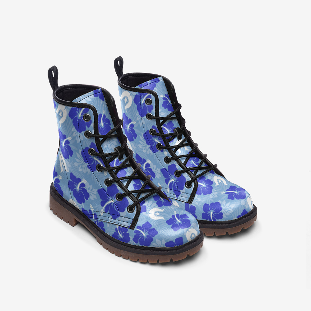 Hibiscus flowers with White Dhari (Sky blue) on Casual Leather Lightweight Boots