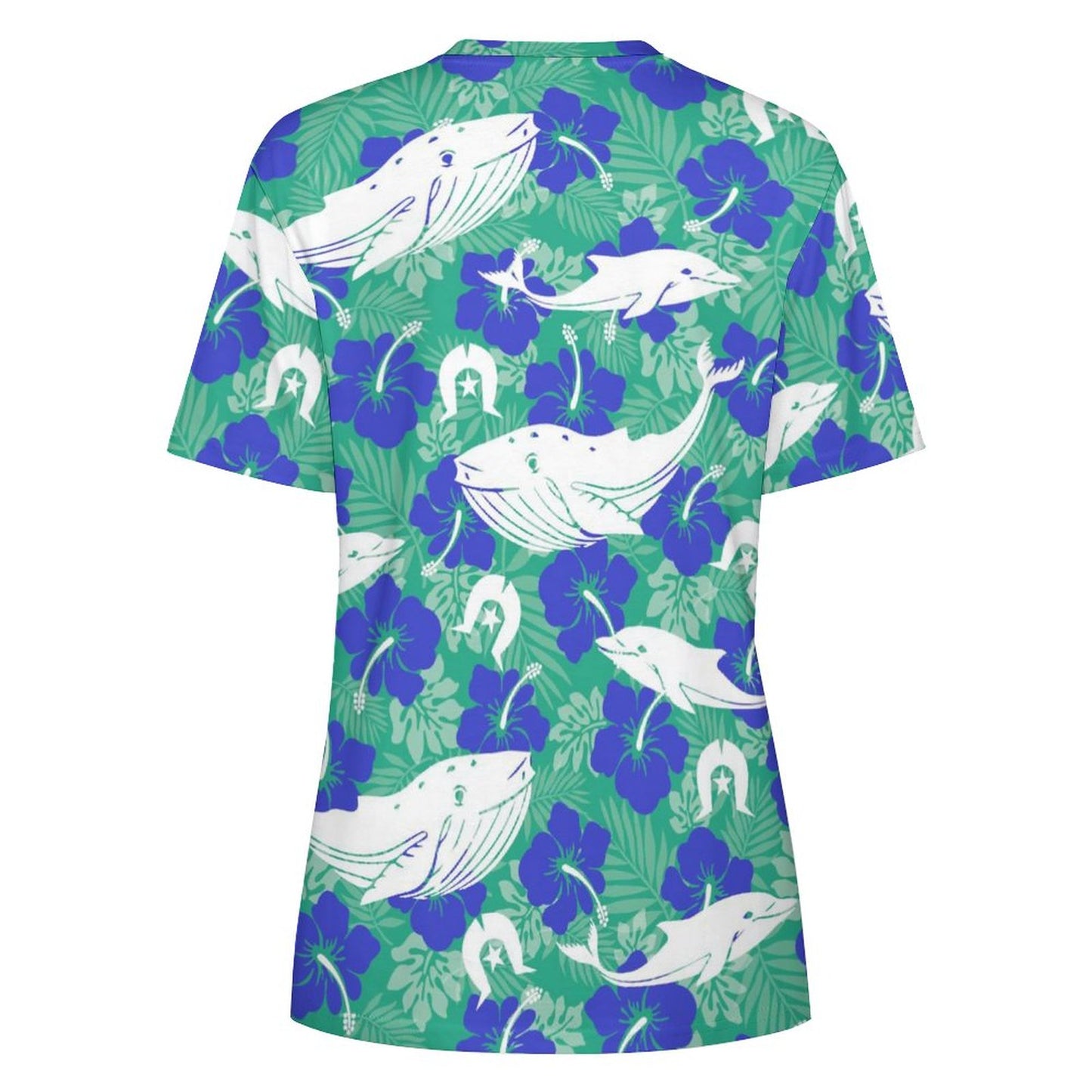 Royal Blue Hibiscus flowers with Whale, Dolphin and Dhari on Cotton Summer Short Sleeve T-Shirts for Women