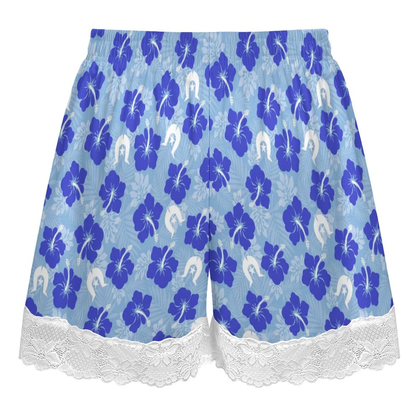Hibiscus flowers with White Dhari (Sky blue) on 200gsm Women's Lace Trim Pajama Shorts