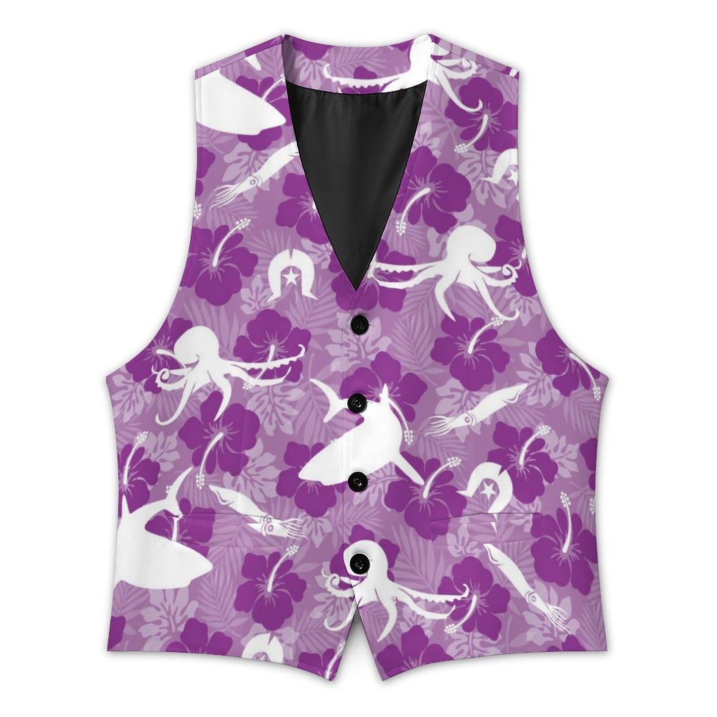 Hibiscus flowers with Octopus, Squid and Shark (Royal Purple) on Men's Sleeveless Suit Vest