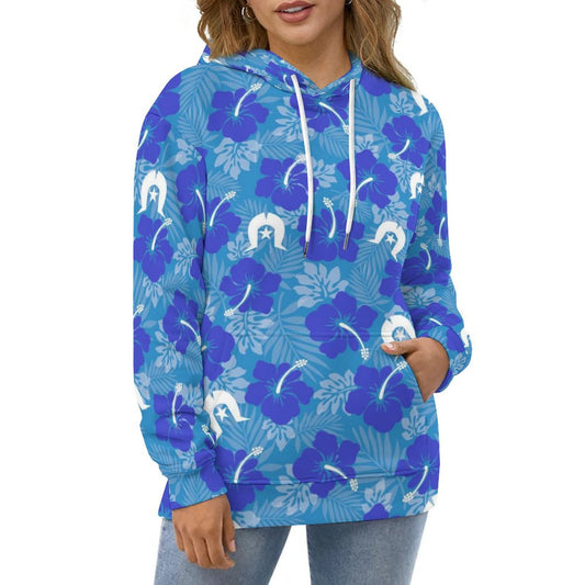 Hibiscus flowers with Dhari (Royal blue) on Lady Hoodie with Double-layer Cap