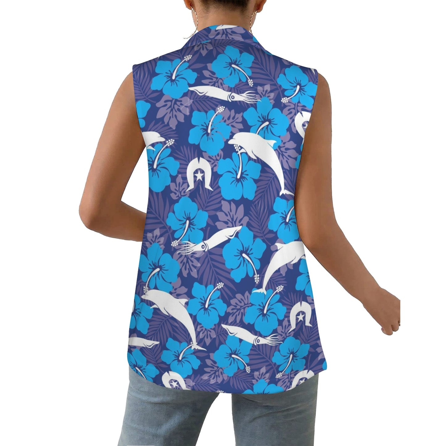 Hibiscus flowers with Dolphin, Squid and Dhari (Royal blue) on Women Sleeveless Suit Vest