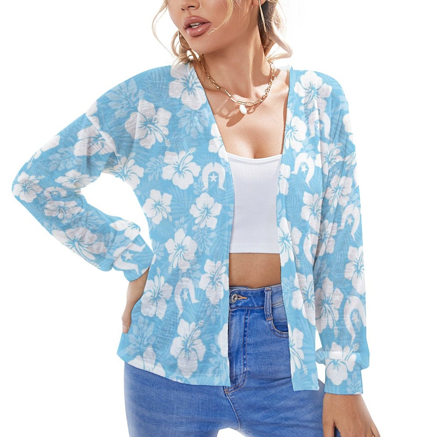 White Hibiscus and Dhari (blue) on Long Sleeve Drop Shoulder Open Shirt