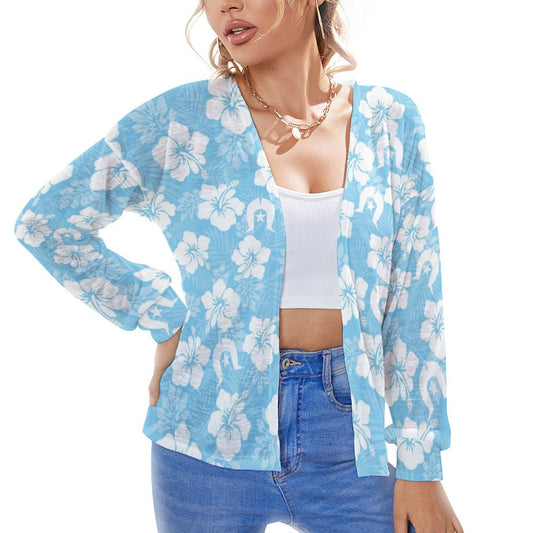 White Hibiscus and Dhari (blue) on Long Sleeve Drop Shoulder Open Shirt