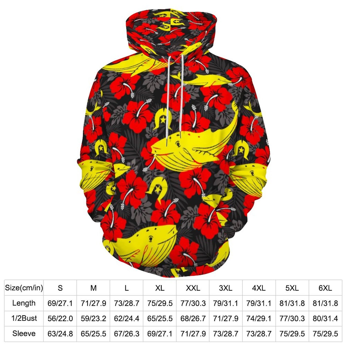 Royal Red Hibiscus with Yellow Dhari, Whale and Dolphin on Men's Cool Hoodie with Double-layer Cap
