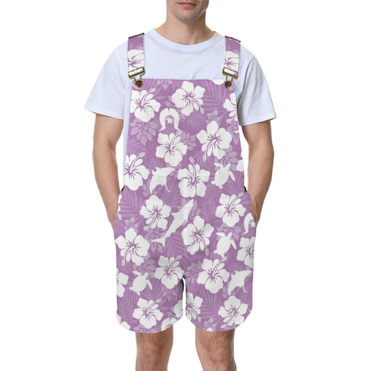 White hibiscus flowers with Dhari, Shark, turtle, and stingray (Purple) on Unisex Suspender Jumpsuit Unisex