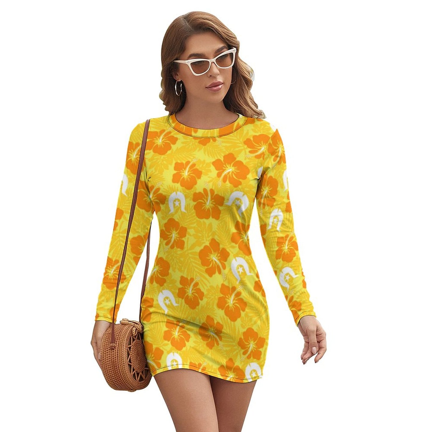Hibiscus flowers with Dhari (Gold) on  Long Sleeve Dress
