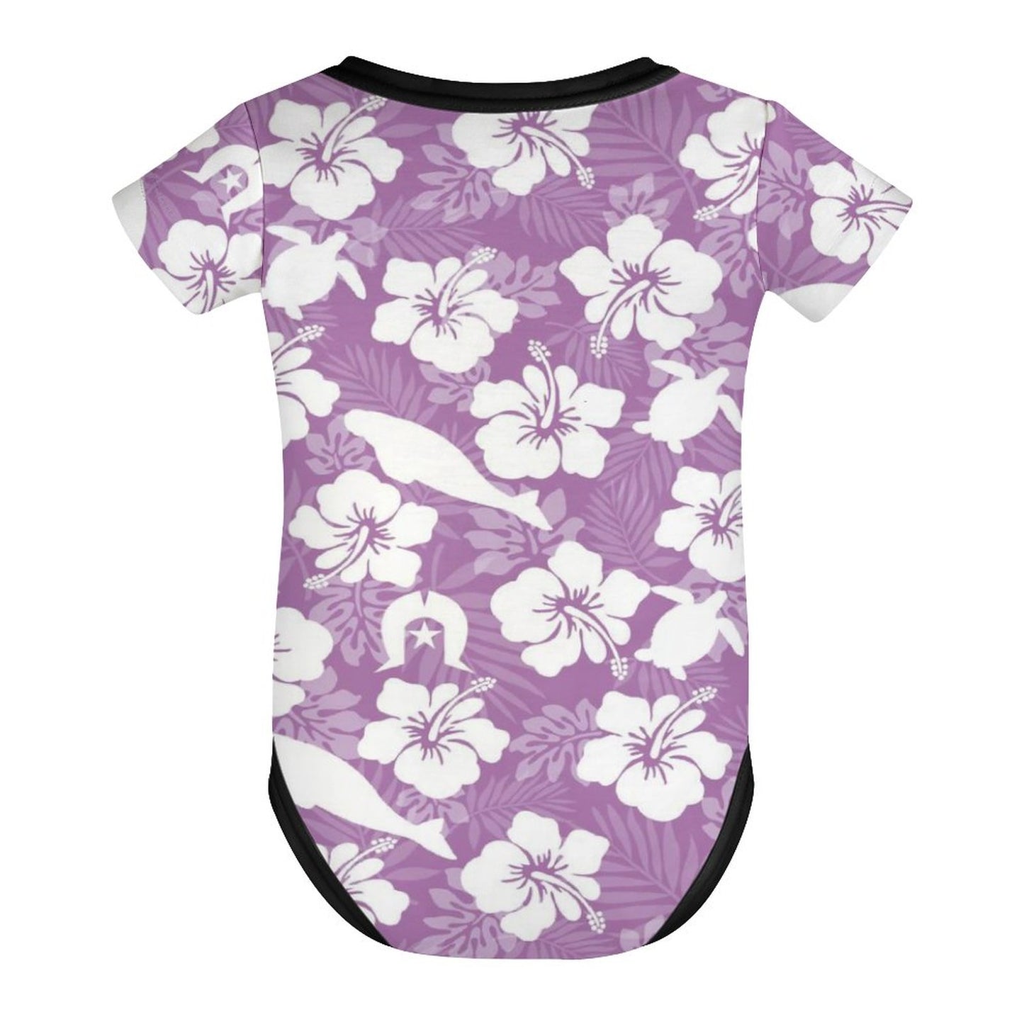 White Hibiscus flowers with Dugong, Turtle and Dhari on Faux Cotton Short Sleeve Baby Romper