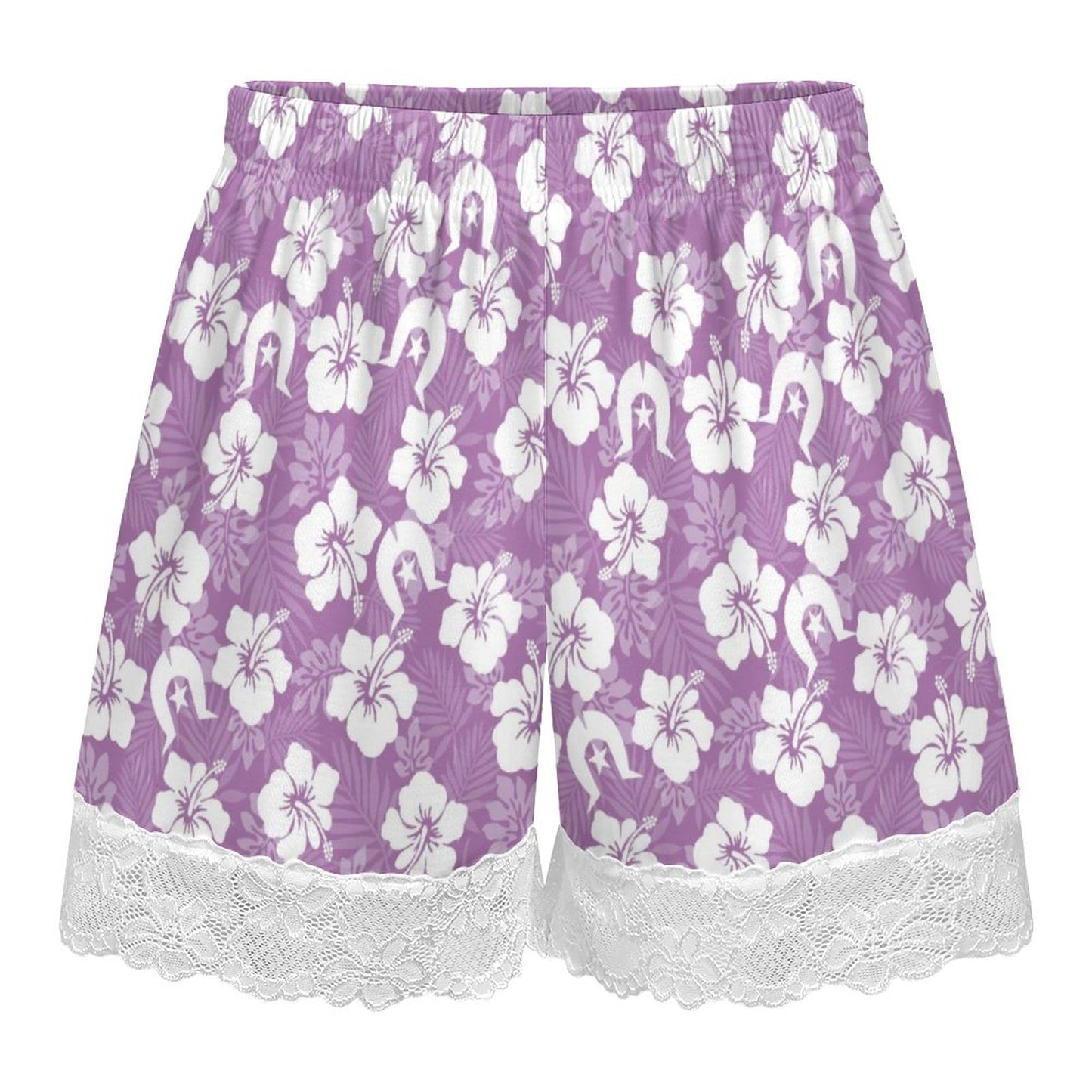 White Hibiscus and Dhari (Purple) on 200gsm Women's Lace Trim Pajama Shorts
