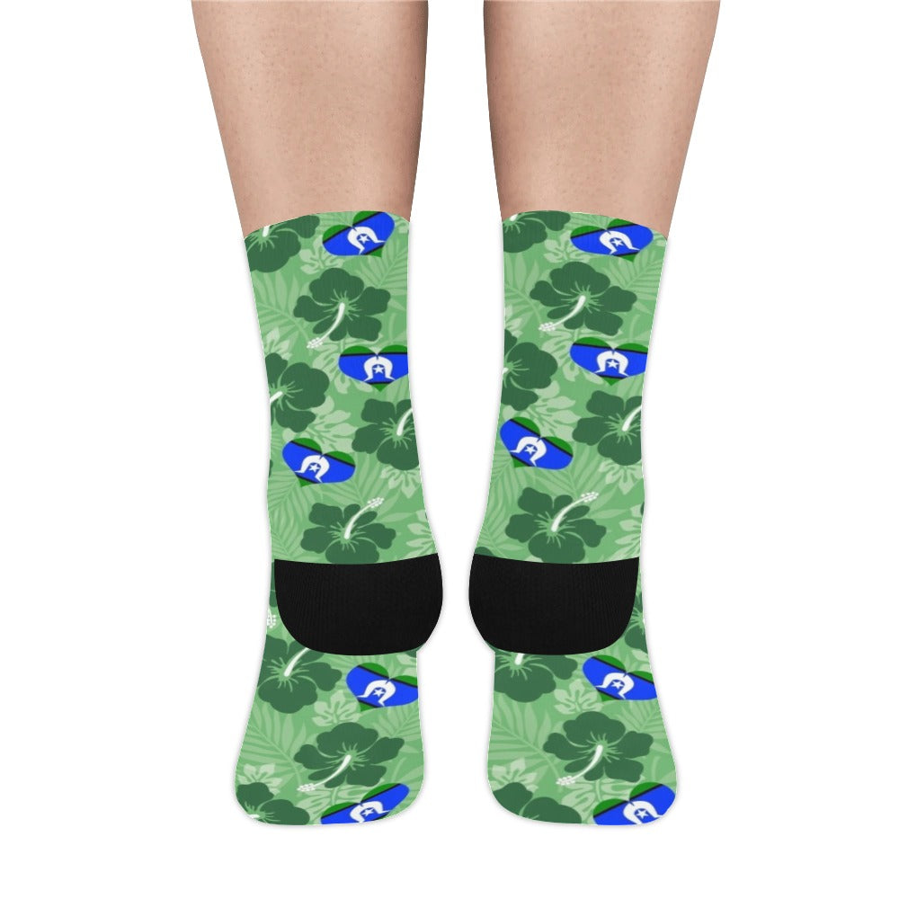 Hibiscus flowers with Torres Strait Heart Flag on (Sea Grass Green) on Crew Socks (Made In AUS)