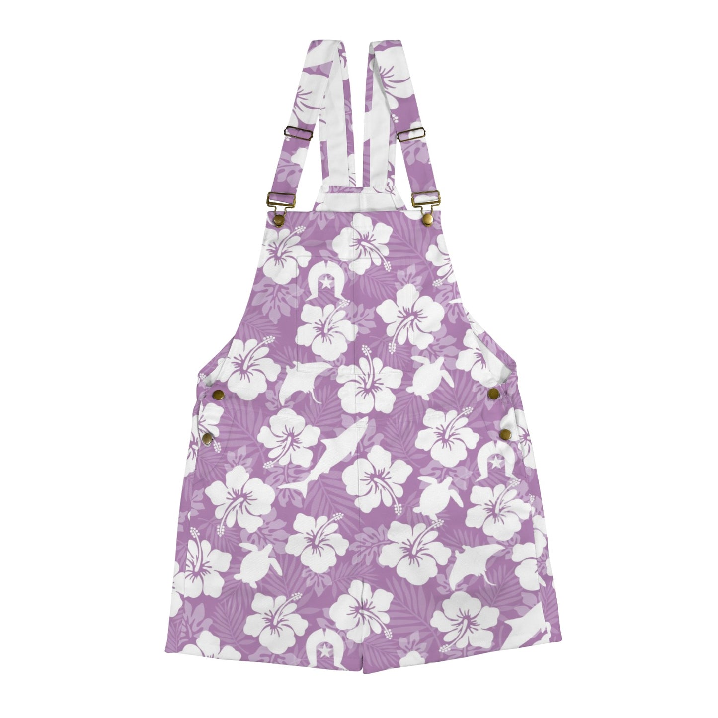 White hibiscus flowers with Dhari, Shark, turtle, and stingray (Purple) on Unisex Suspender Jumpsuit Unisex