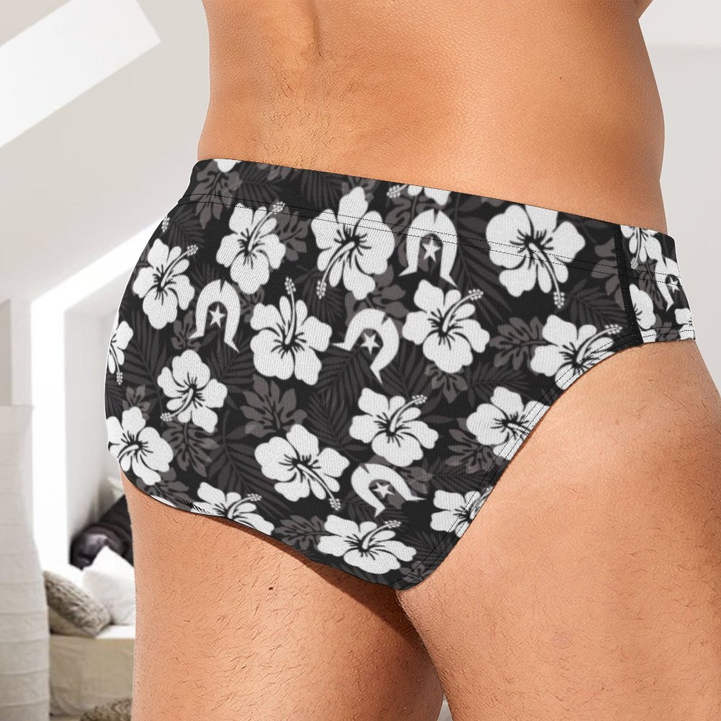 White Hibiscus and Dhari (Black) on Milk Silk Men's Briefs