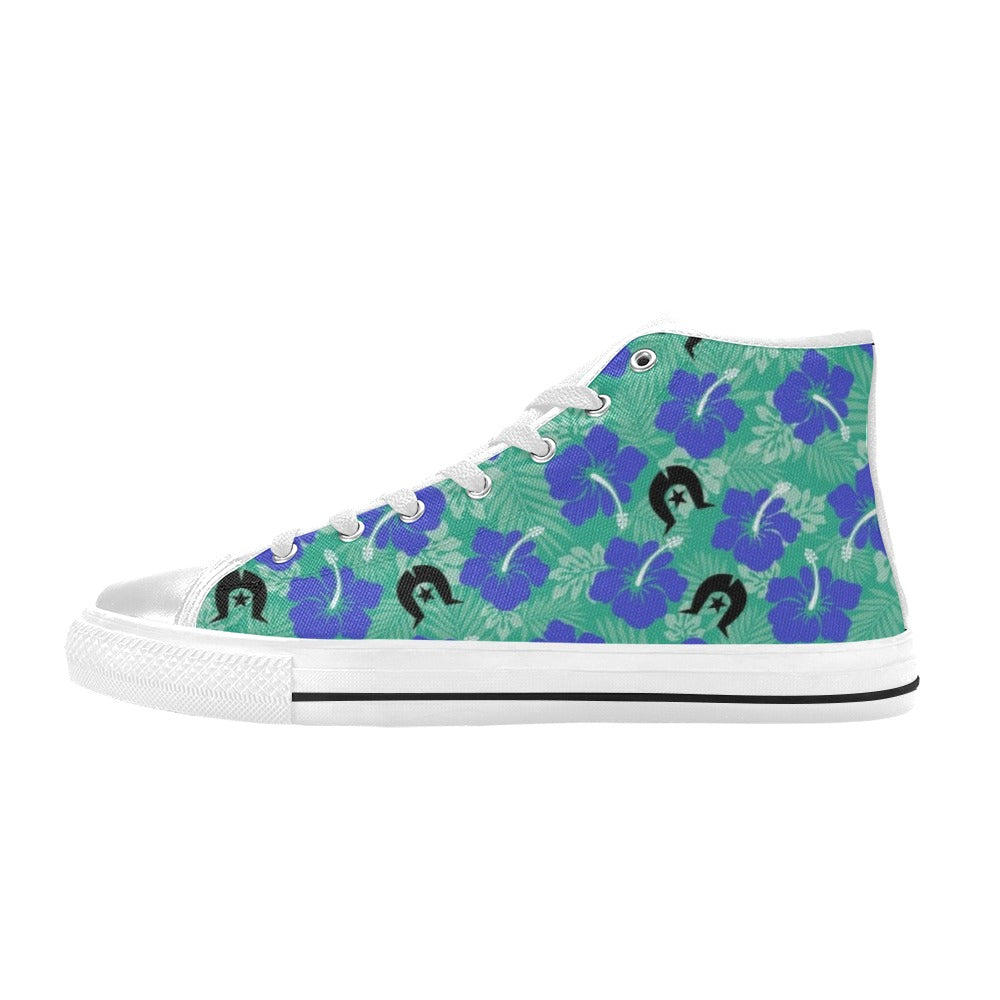 Royal Blue Hibiscus flowers with Black Dhari on Women's High Top Canvas Shoes