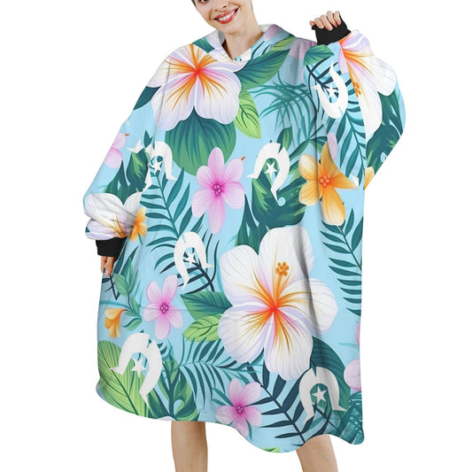 White Hibiscus flowers with White Dhari on Adult Unisex Blanket Hoodie