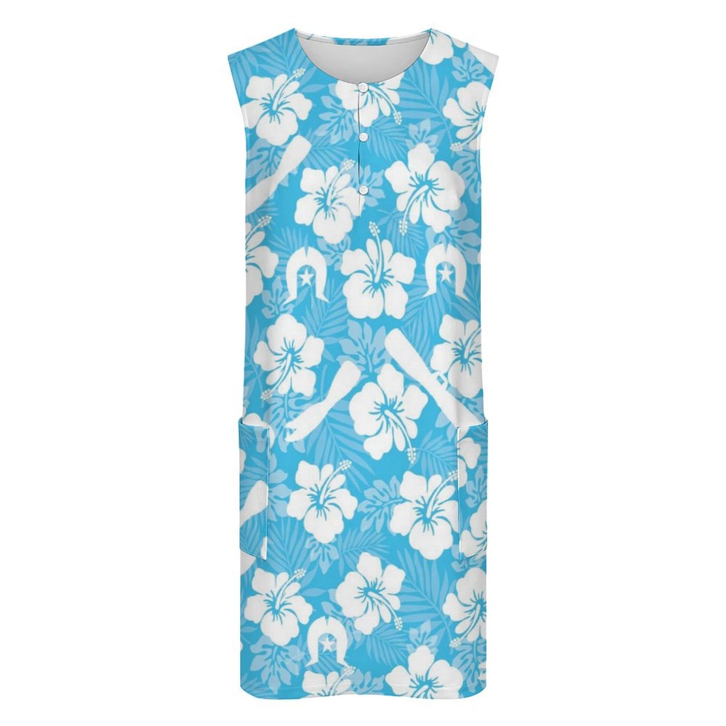 White Hibiscus flowers, Warup and Dhari on Sleeveless Pocket Dress