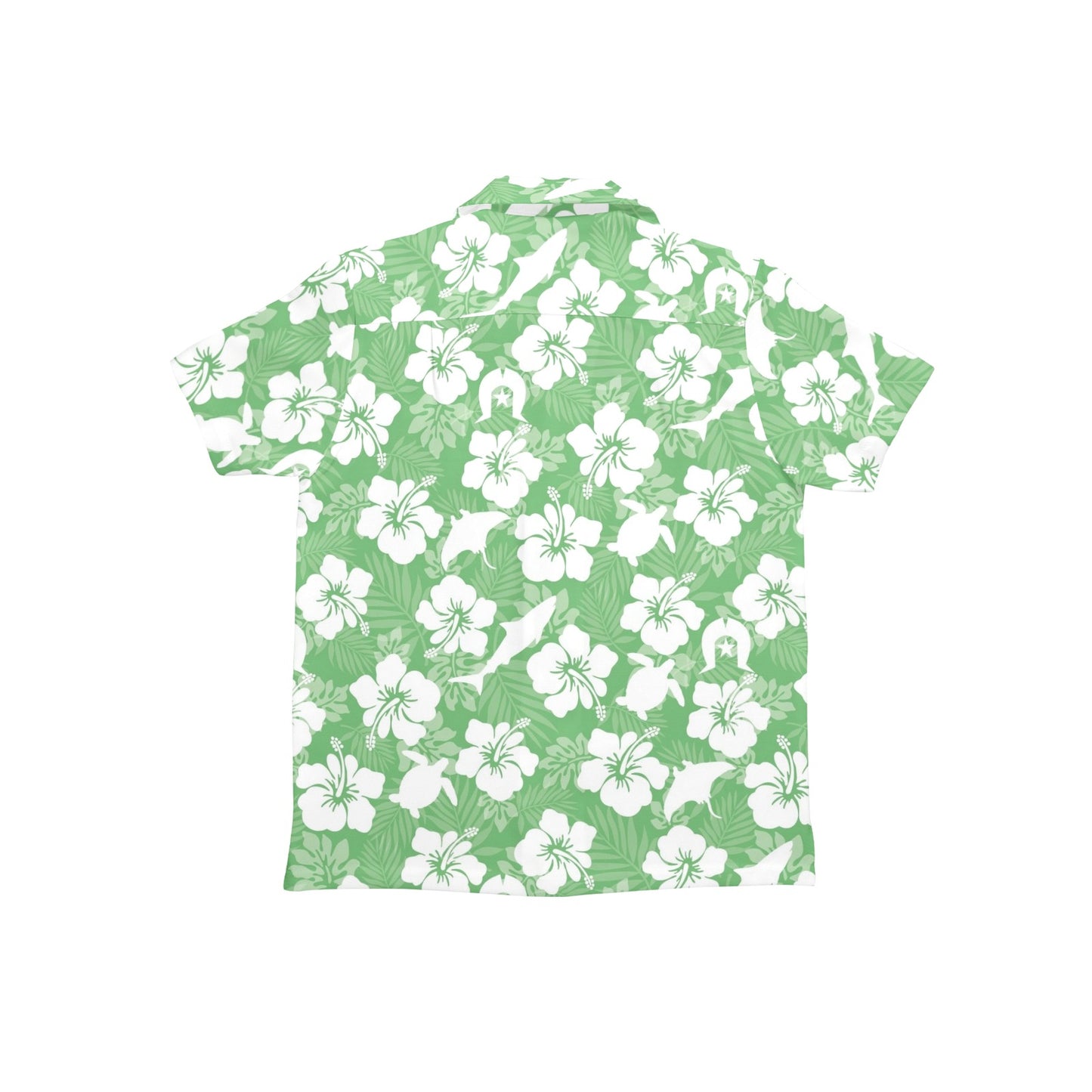 White hibiscus flowers with Dhari, Shark, turtle, and stingray (Green) on Little Boys' Hawaiian Shirt