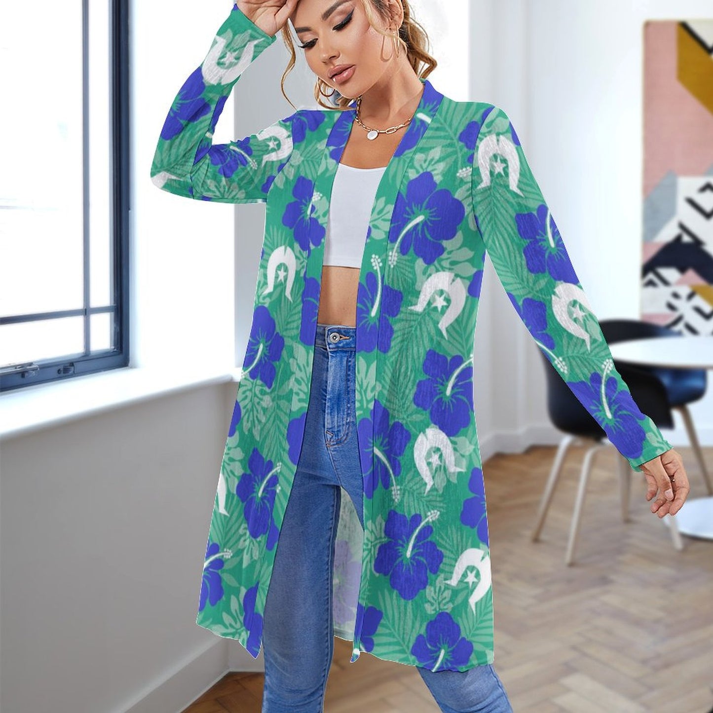 Royal Blue Hibiscus flowers with Dhari on Women's Mid-length Cardigan