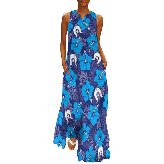 Hibiscus flowers with White Dhari (Royal blue) on Sleeveless Ankle-length Dress