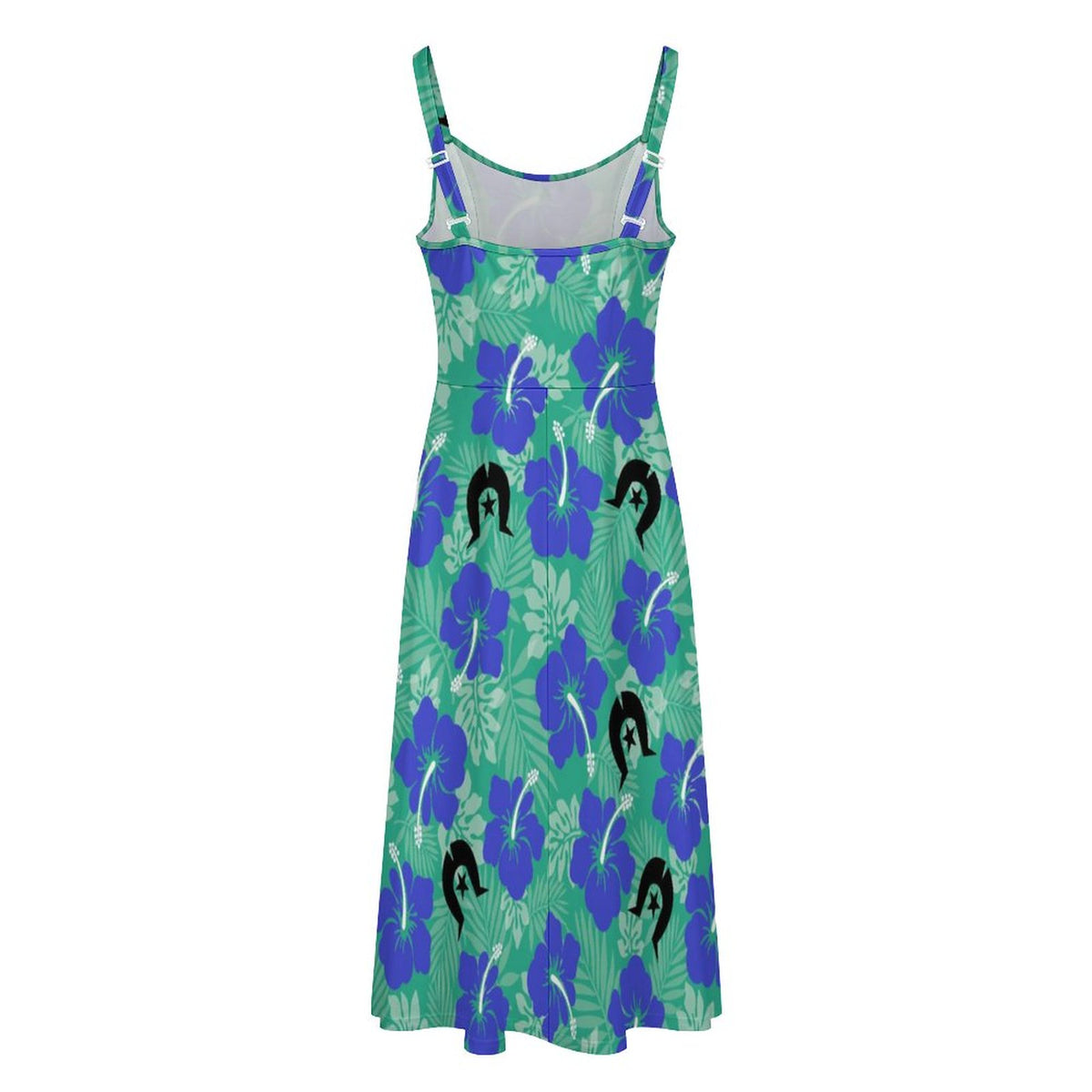 Royal Blue Hibiscus flowers with Black Dhari on Midi Spaghetti Strap Dress