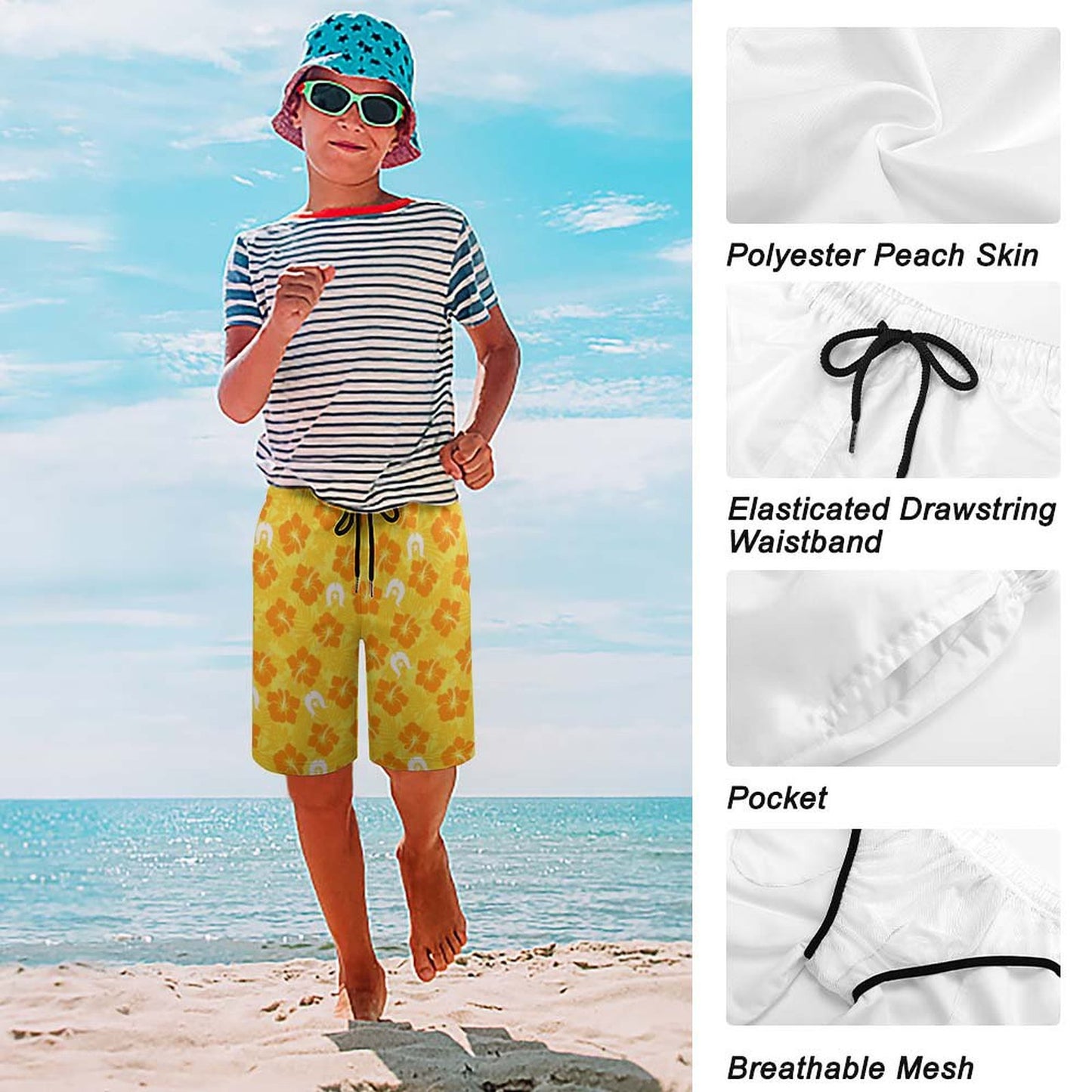 Hibiscus flowers with Dhari (Gold) on Kid's Beach Pants
