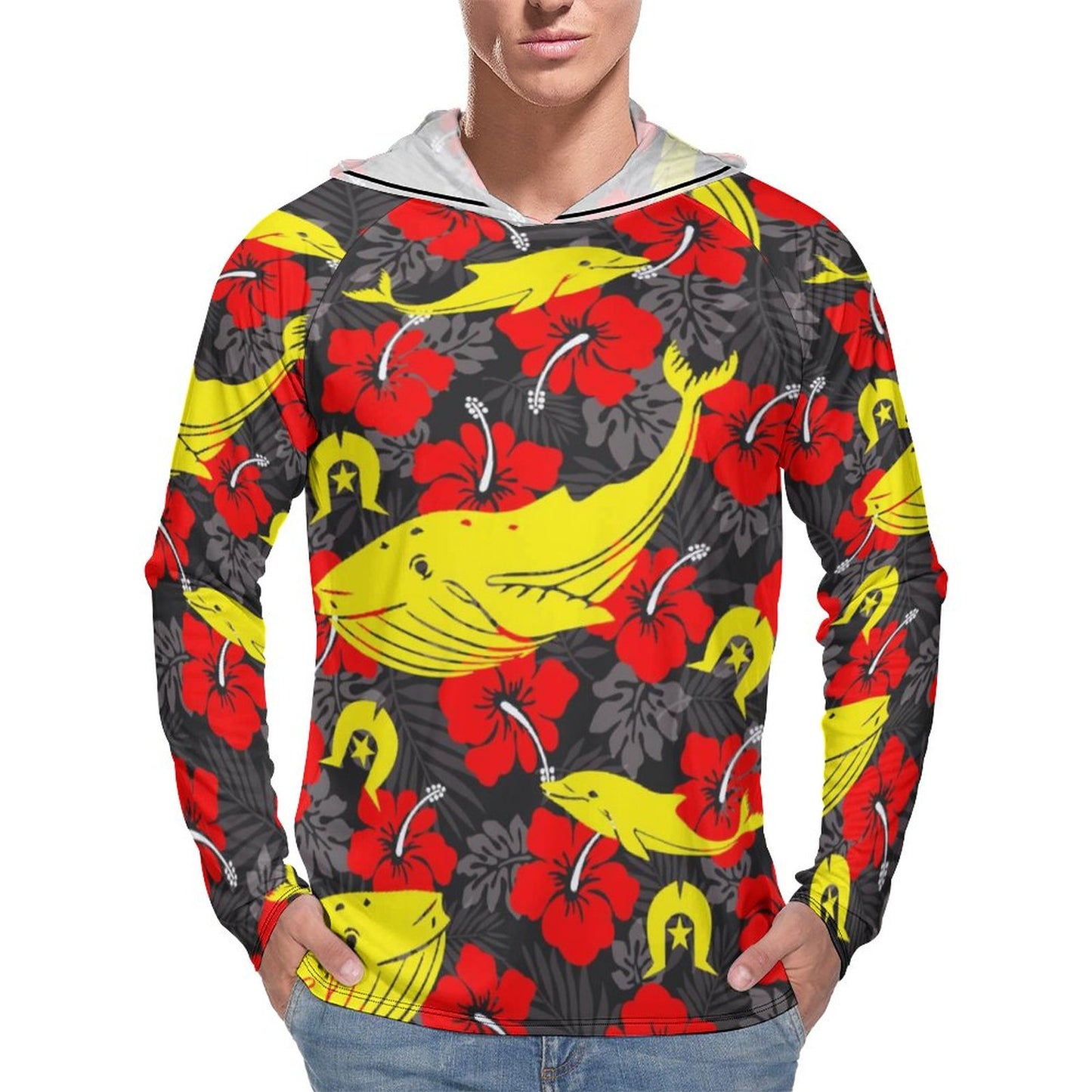Royal Red Hibiscus with Yellow Dhari, Whale and Dolphin on Men's UPF 40+ Sun Protection Fishing Shirt