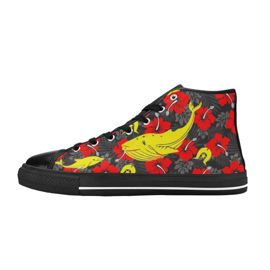 Royal Red Hibiscus with Yellow Dhari, Whale and Dolphin on Women's High Top Canvas Shoes