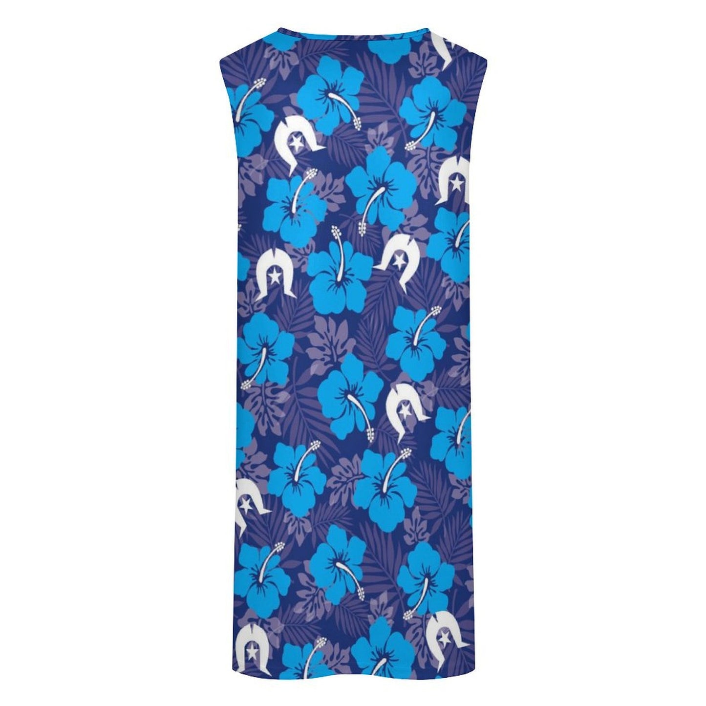 Hibiscus flowers with White Dhari (Royal blue) on Sleeveless Pocket Dress