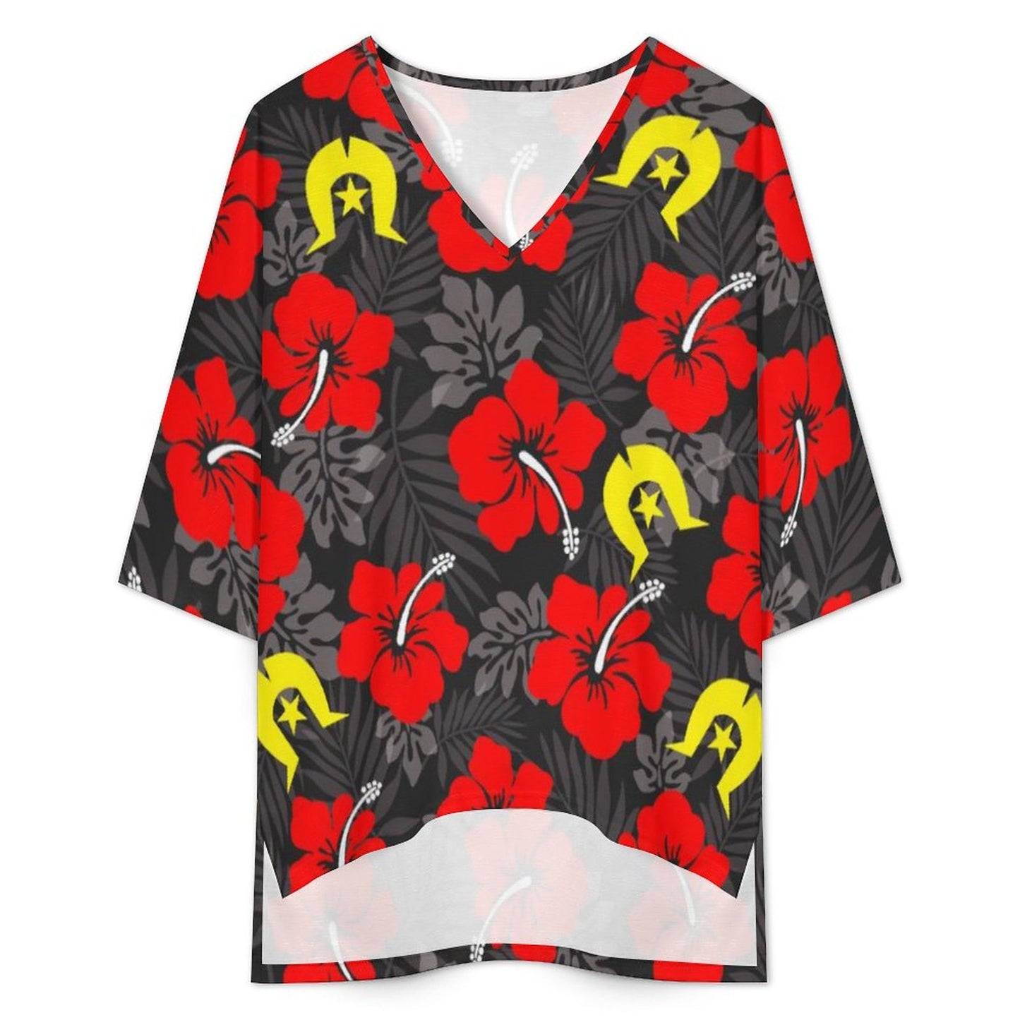 Royal Red Hibiscus with Yellow Dhari on Mediterranean Style V-Neck Suit