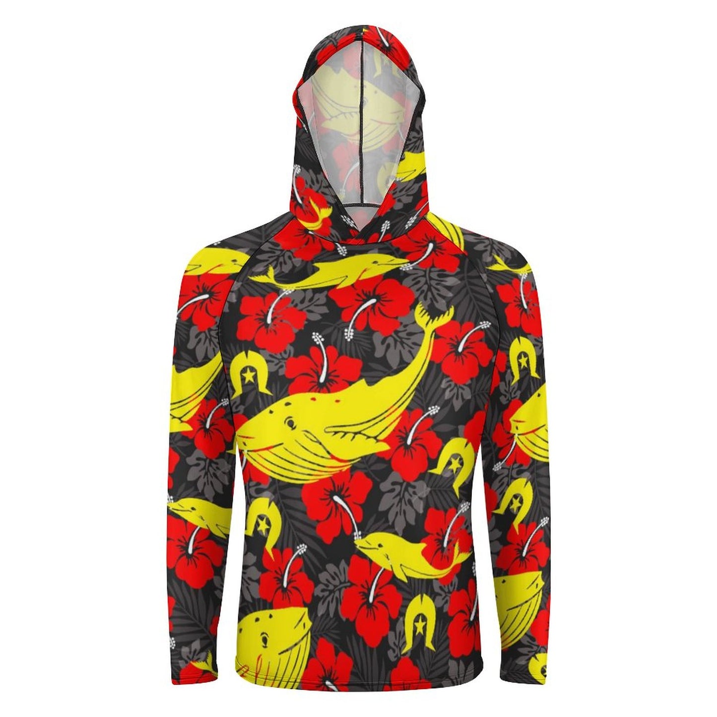 Royal Red Hibiscus with Yellow Dhari, Whale and Dolphin on Men's UPF 40+ Sun Protection Fishing Shirt
