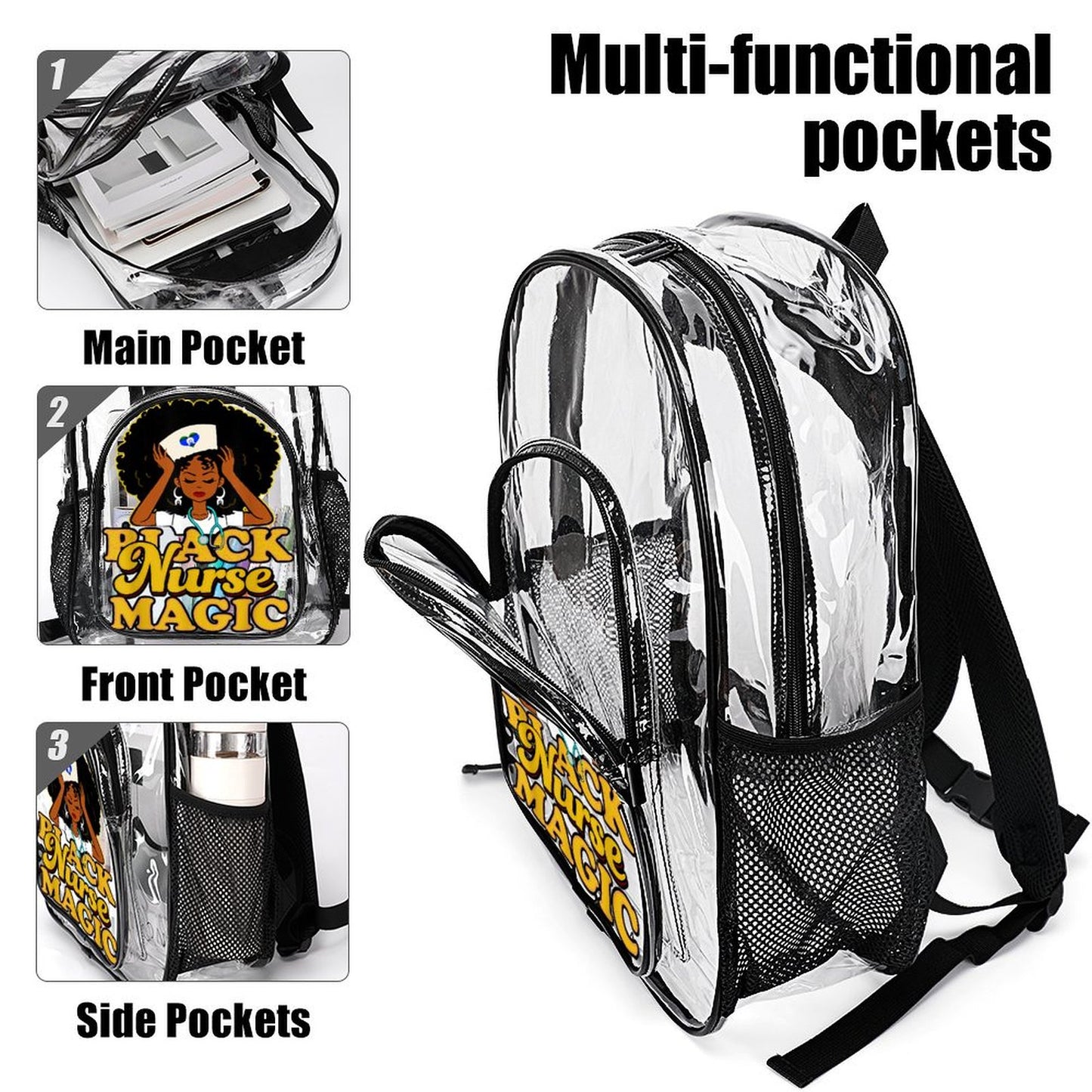 Black Nurse Magic with heart shaped Torres Strait flag on Clear Backpack