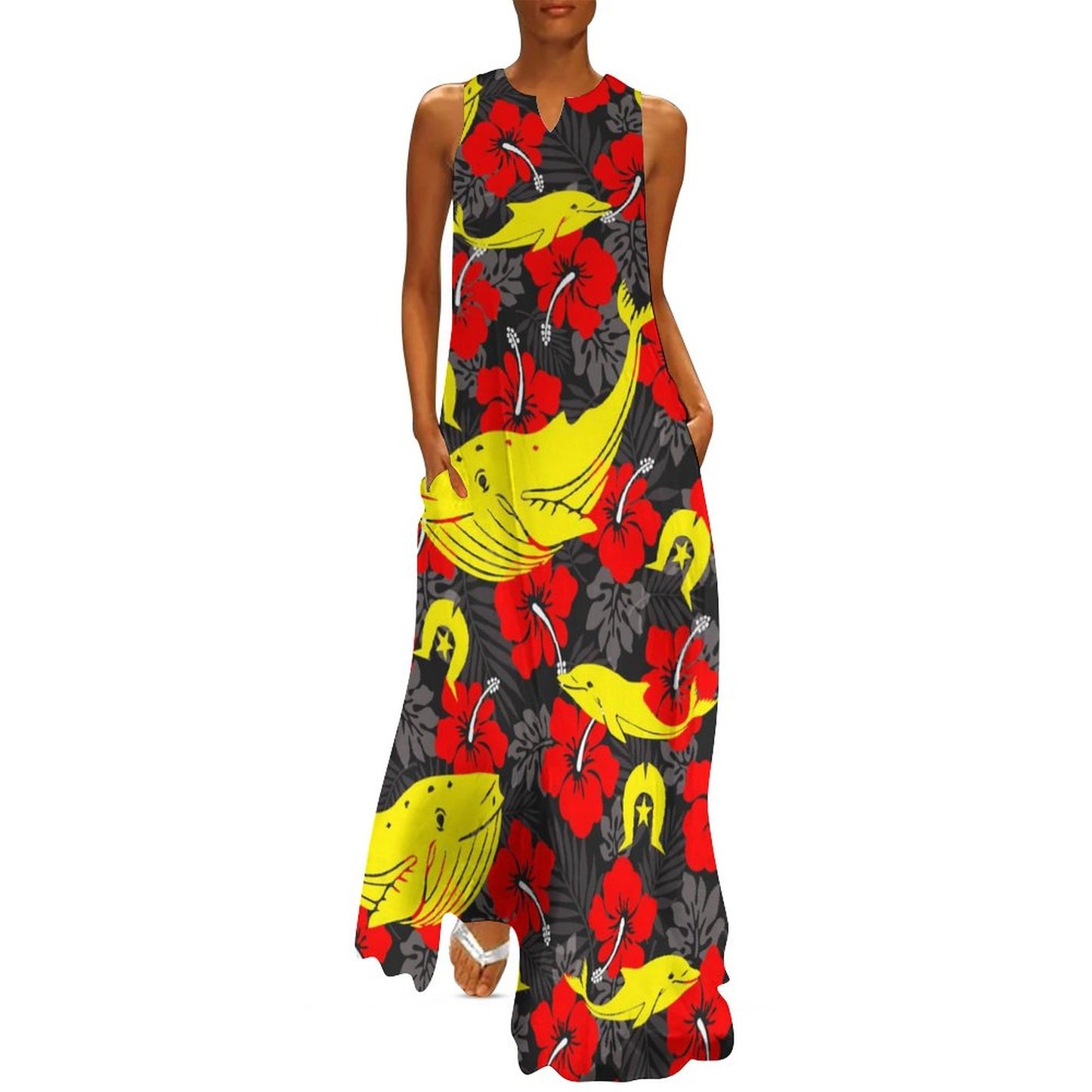 Royal Red Hibiscus with Yellow Dhari, Whale and Dolphin on Sleeveless Ankle-length Dress