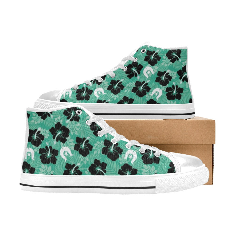 Black Hibiscus with White Dhari on Women's High Top Canvas Shoes
