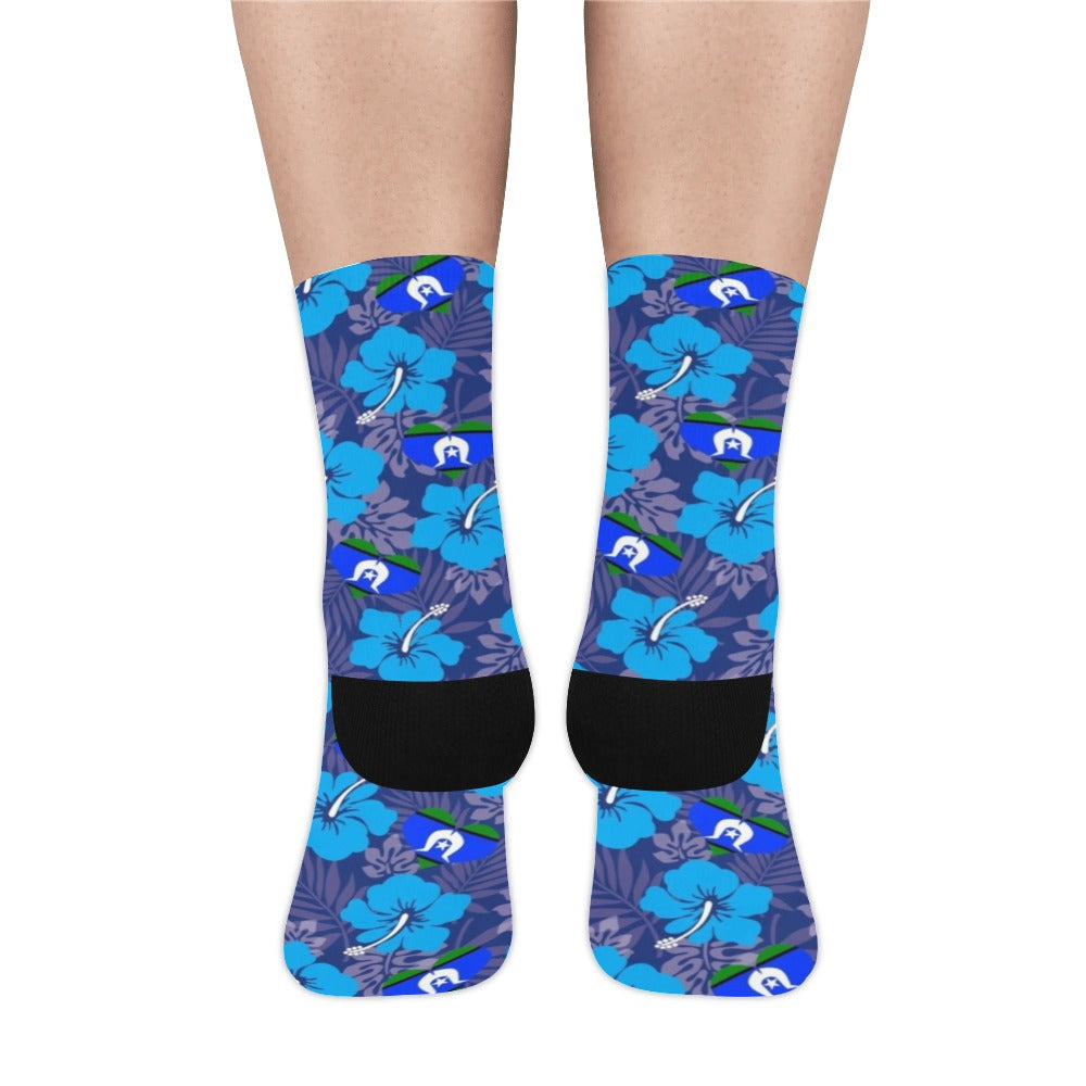 Hibiscus flowers with heart Torres Strait flag (Royal blue) on Crew Socks (Made In AUS)