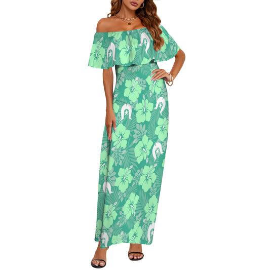 Hibiscus flowers with Dhari (Royal mint) on Women's Off Shoulder Ruffle Boat Neck Dress