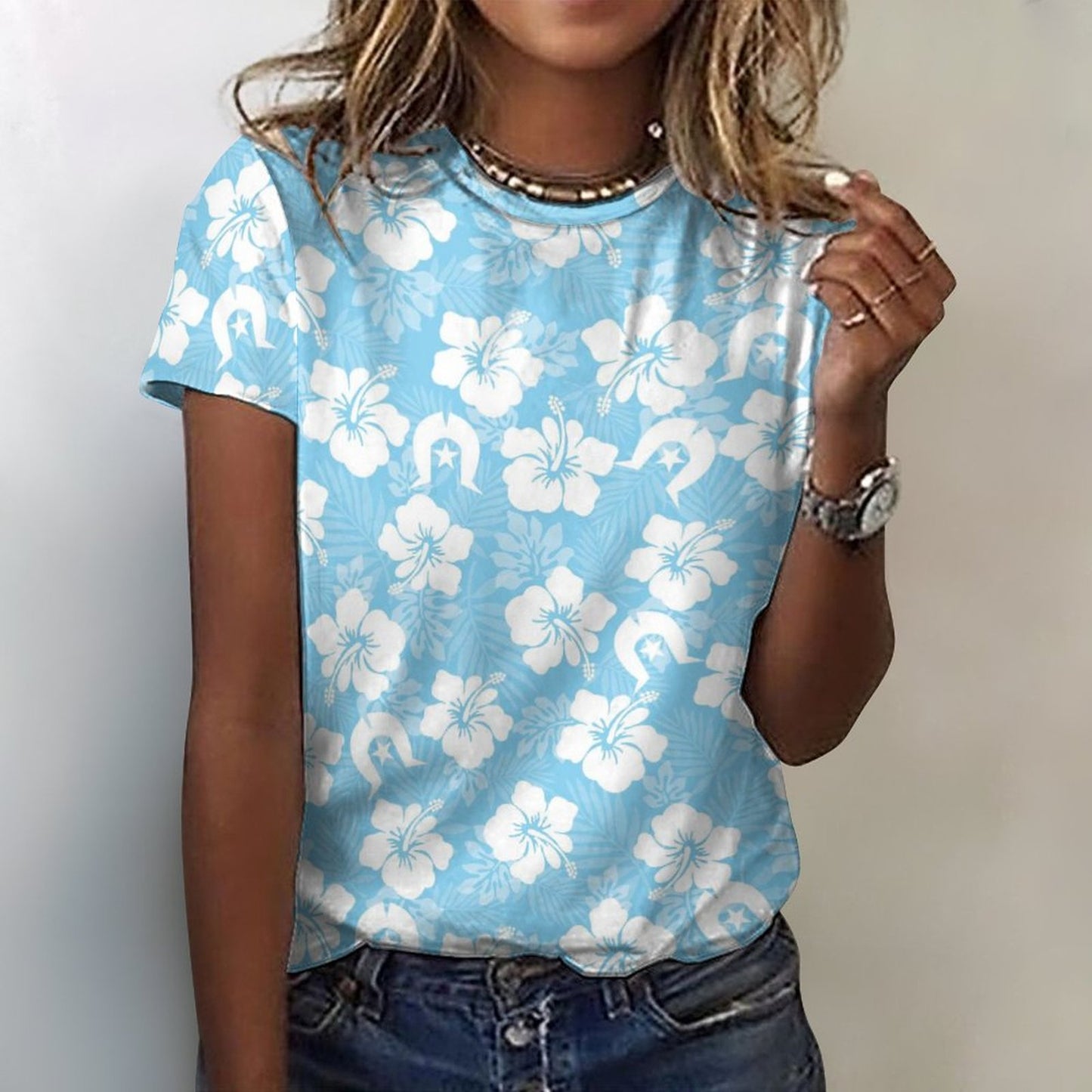 White Hibiscus and Dhari (blue) on Cotton Summer Short Sleeve T-Shirts for Women