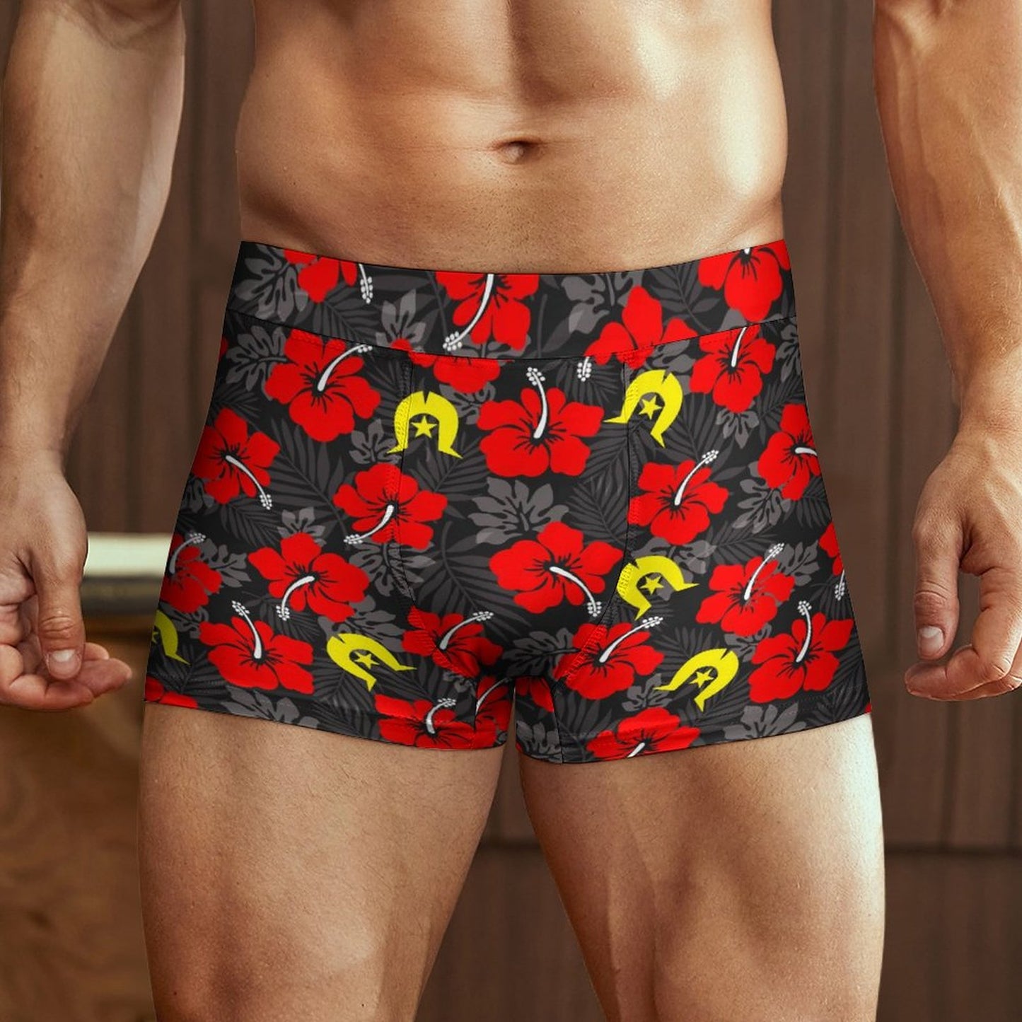 Royal Red Hibiscus with Yellow Dhari on Milk Fiber Boxer Shorts for Men