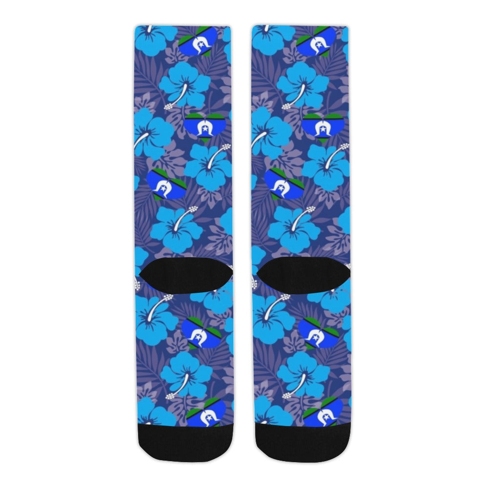Hibiscus flowers with heart Torres Strait flag (Royal blue) on Crew Socks (Made In AUS)