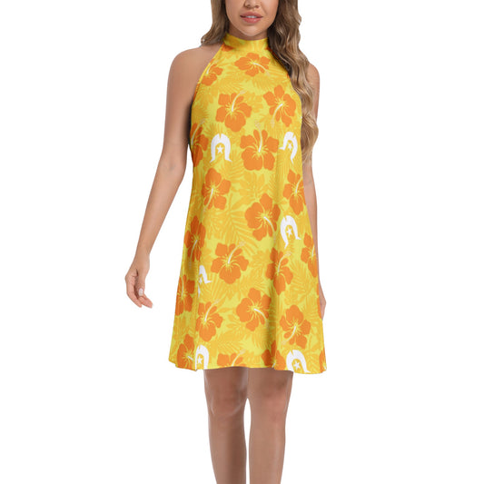 Hibiscus flowers with Dhari (Gold) on Tie Back Halter Neck Flared Dress