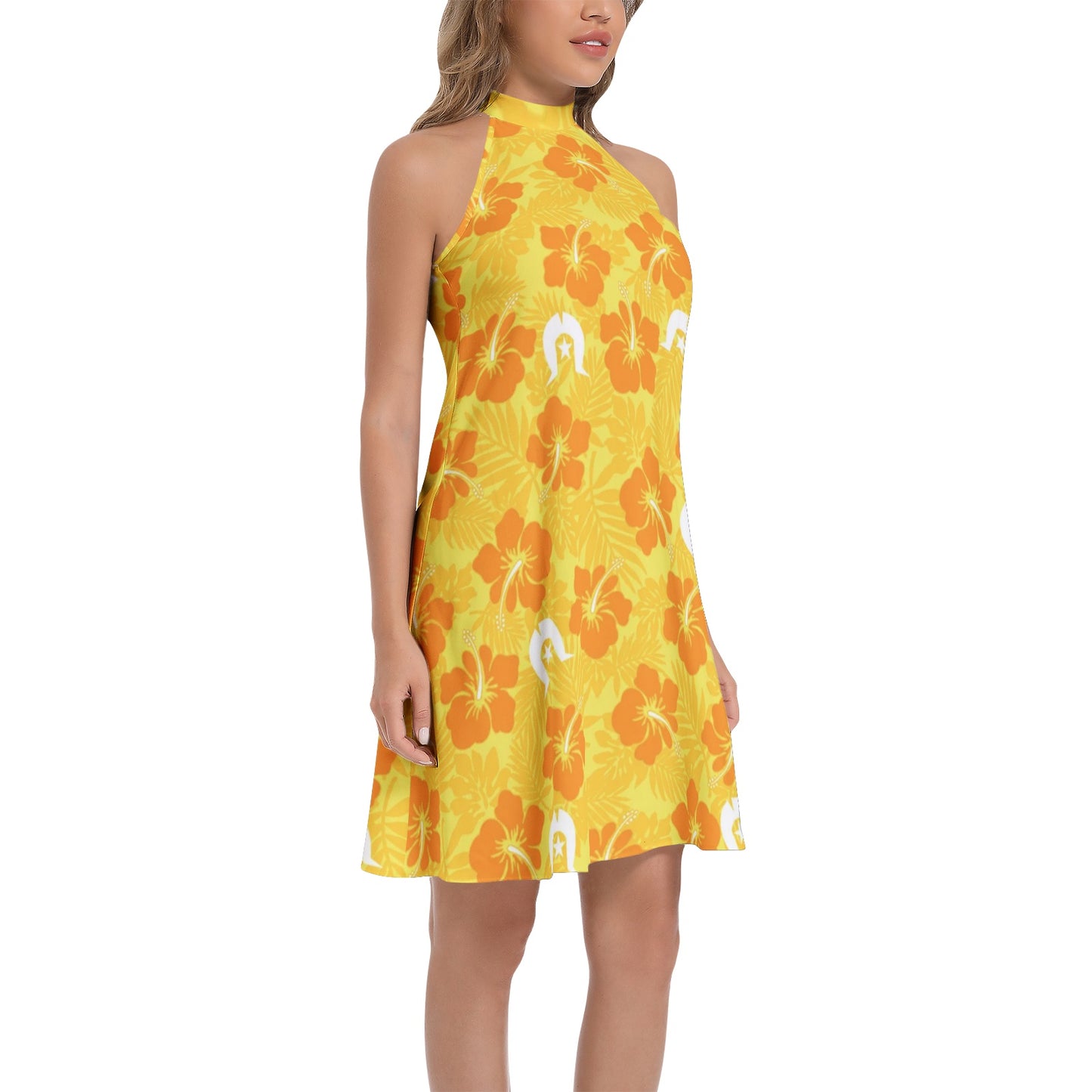 Hibiscus flowers with Dhari (Gold) on Tie Back Halter Neck Flared Dress