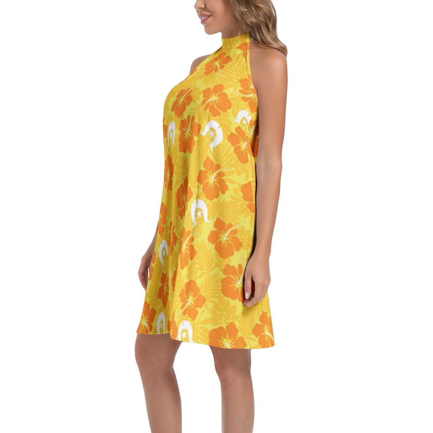 Hibiscus flowers with Dhari (Gold) on Tie Back Halter Neck Flared Dress