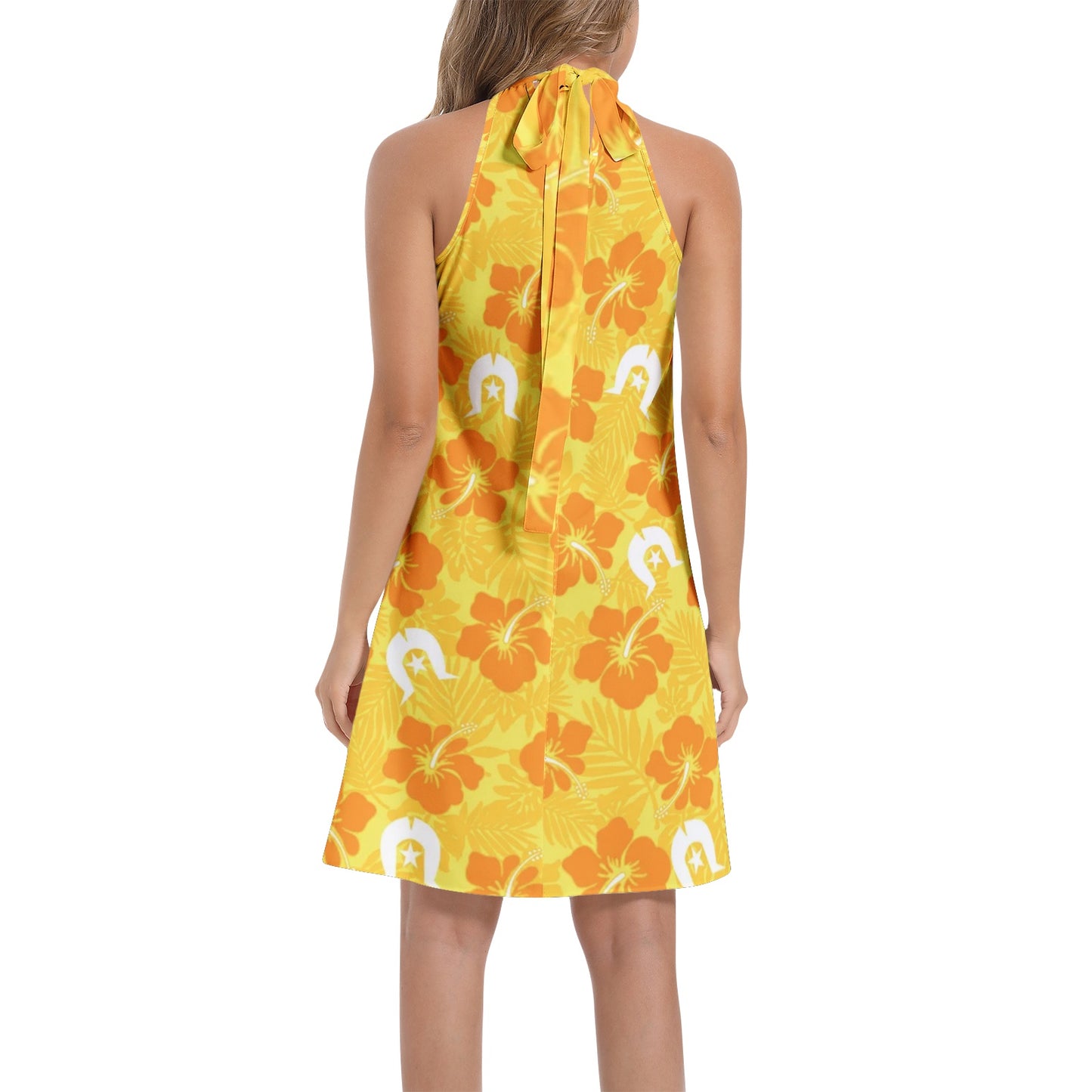 Hibiscus flowers with Dhari (Gold) on Tie Back Halter Neck Flared Dress