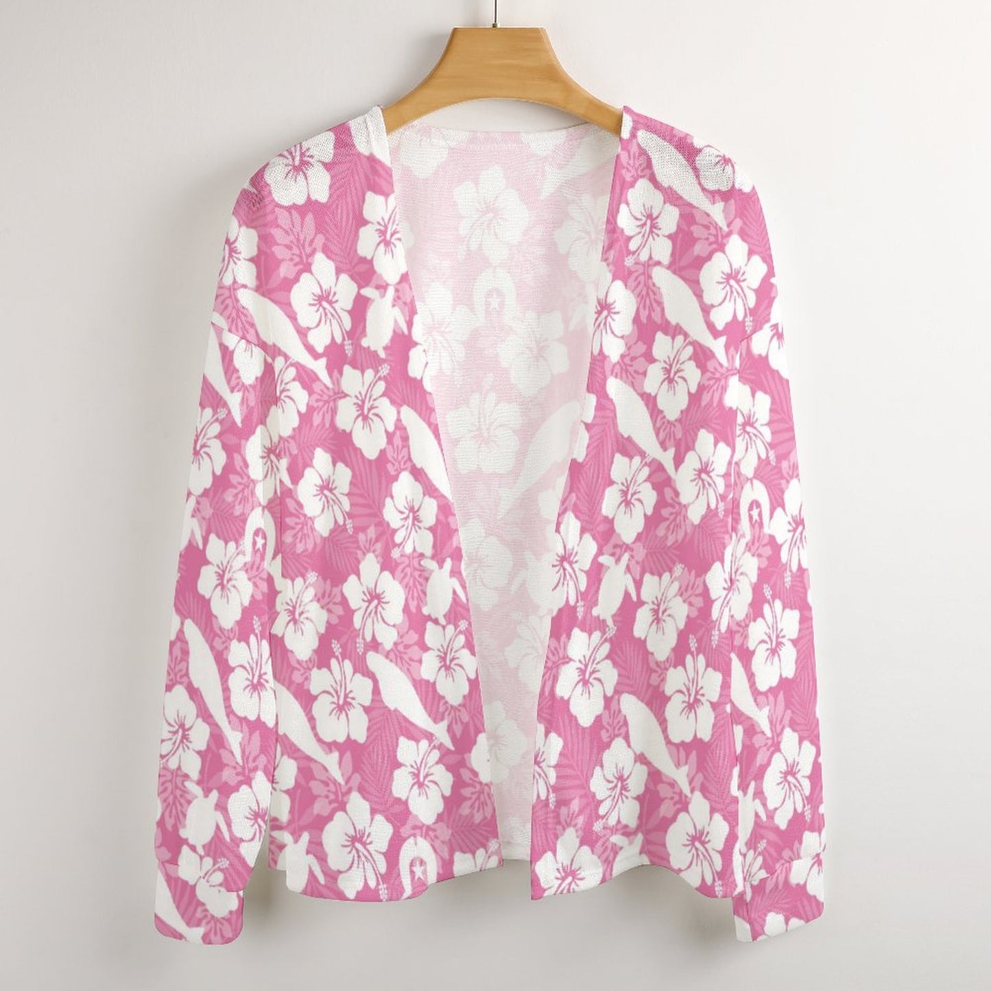 White hibiscus flowers with Dhari, Shark, turtle, and stingray (Pink) Long Sleeve Drop Shoulder Open Shirt